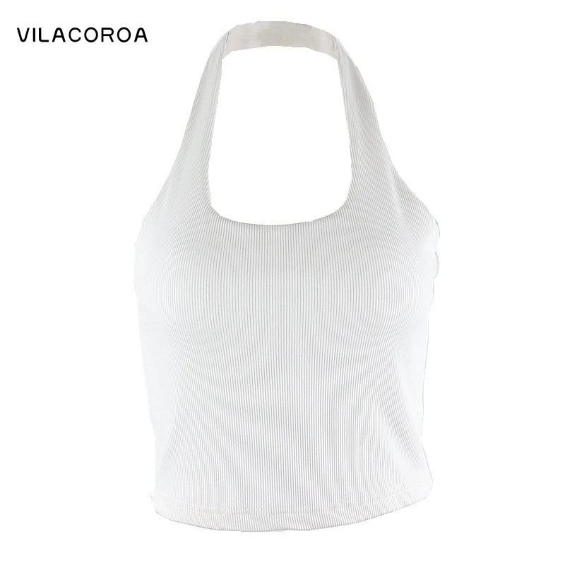 

Halter White Basic Ribbed Casual Women Tank Tops Sexy Sleeveless Backless Skinny Crop Top Korean Street Y2K Female Top Vest