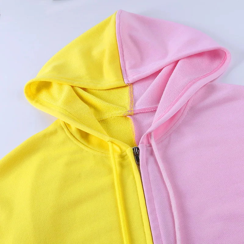 

SWEETKAMAPink Yellow Patchwork Women's Hooded Autumn Slim Sweat Shirt Hoodies Casual Fashion Streetwear Sweatershirt