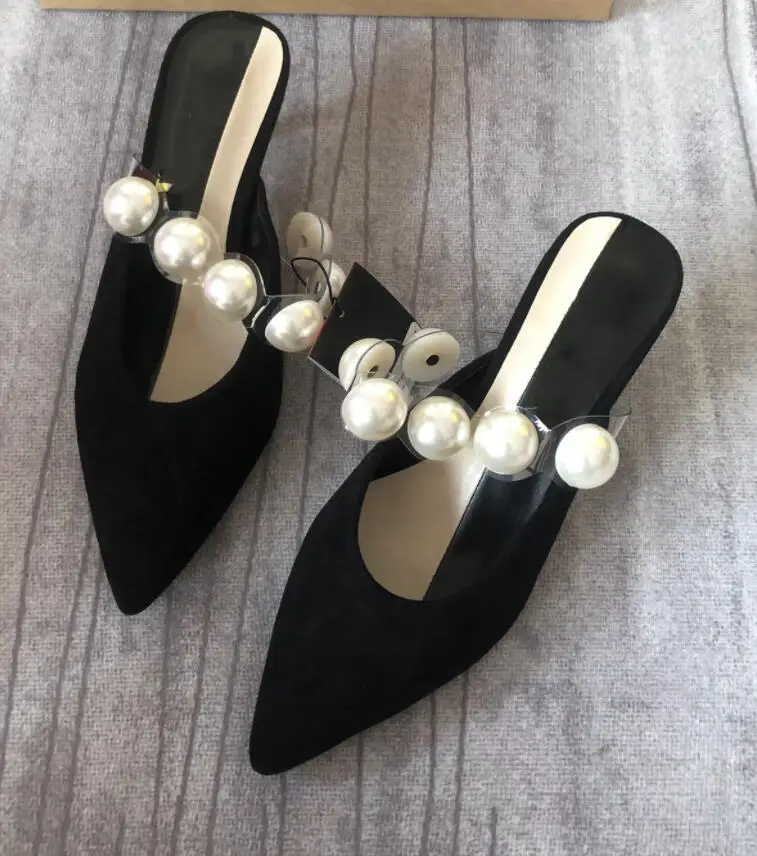 

2021 Women's Shoes Suede Black Faux Pearls High-heeled Mules Pointed Toe Half-drag Sandals Stiletto Single Shoes Chaussure Femme