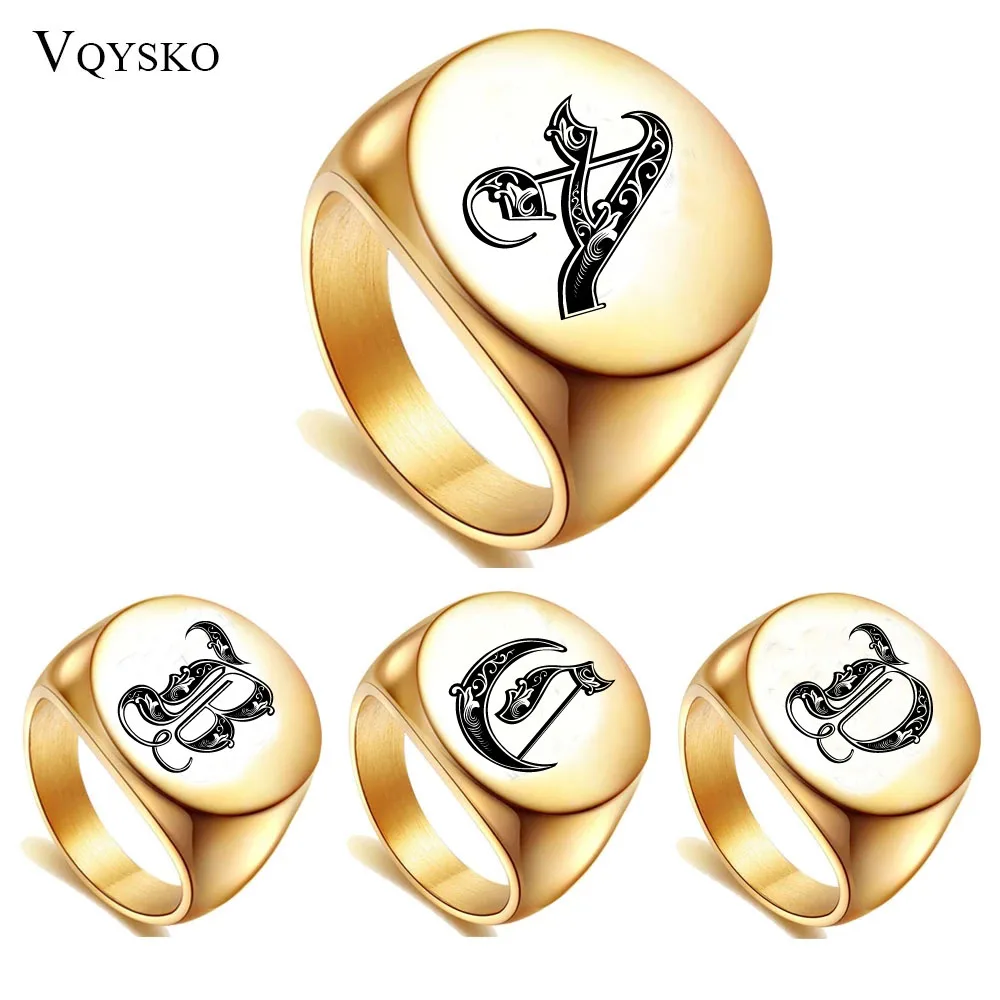 

A-Z Letter Gold Color Customize Ring For Men Stainless Steel Initials Name Alphabet Male Party Chunky Wide Rings Jewelry New