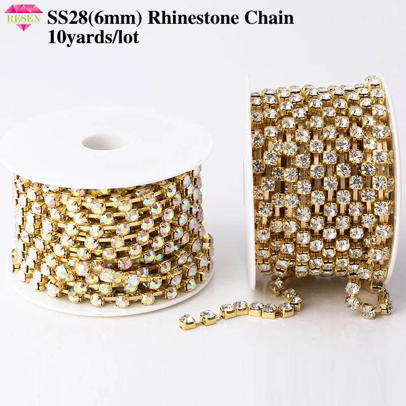 RESEN SS28 6mm Crystal Rhinestone Chain Trimming Yard 28ss Cup Sliver/Gold Metal For DIY Sewing | Дом и сад
