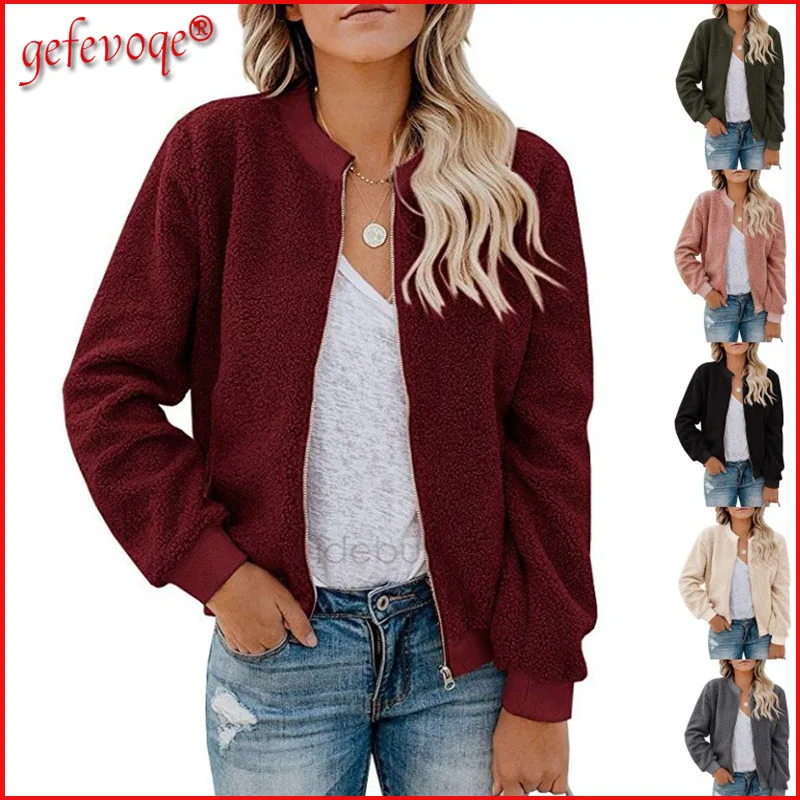 

Autumn Winter Women 2021 Fashion Solid Zipeer Fleece Shaggy Outwear Female Casual Stand-up Collar Long Sleeve Loose Jackets Coat