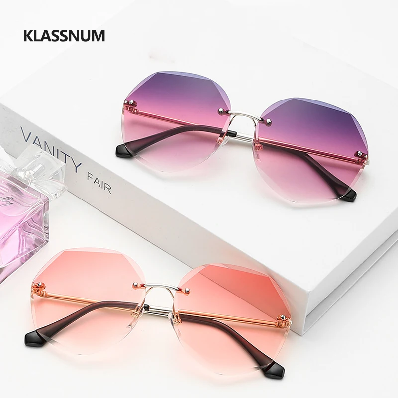 

KLASSNUM Fashion Sunglasses Women Brand Designer Rimless Gradient Sun Glasses Shades Cutting Lens Ladies Frameless Metal UV400