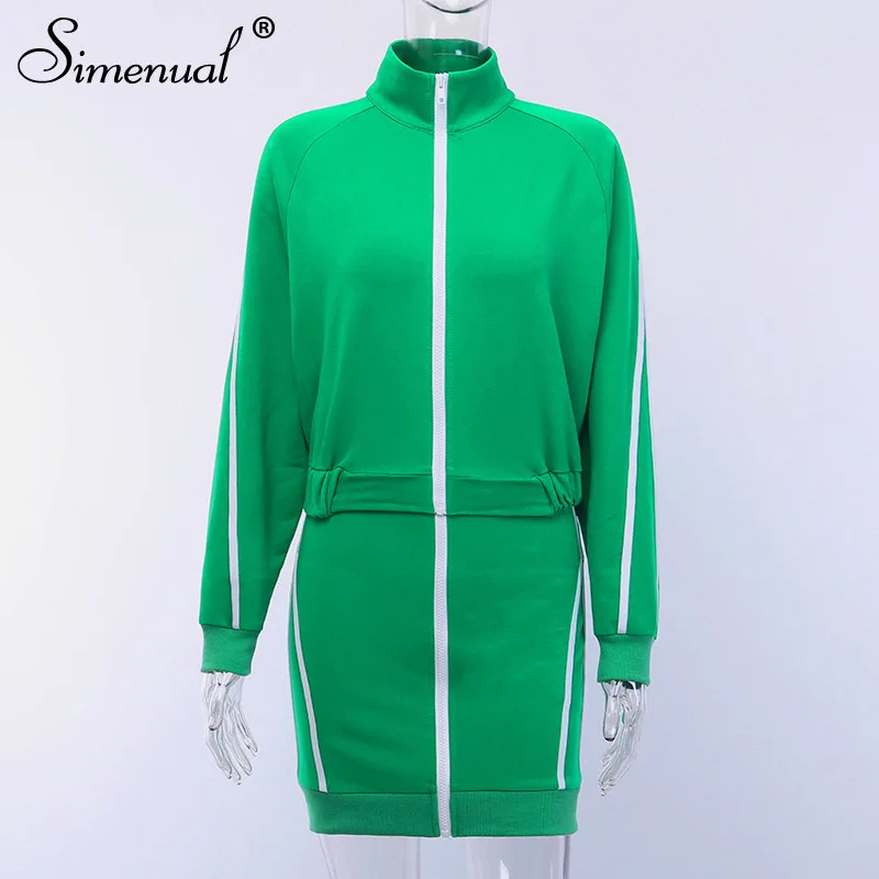 green Simenual, повседневный модный осенний комплект, женская спортивная одежда с длинным рукавом, комплект из двух предметов, на молнии, полосатый топ и юбка - Цвет: green