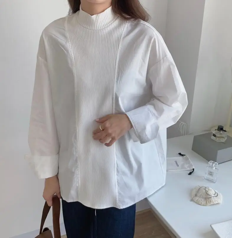 

Turtleneck Knitted Patchwork Spring Blouse Women Loose Vintage Harajuku Elegant Korean Shirts Casual Tops Long Sleeve 2021 Z126