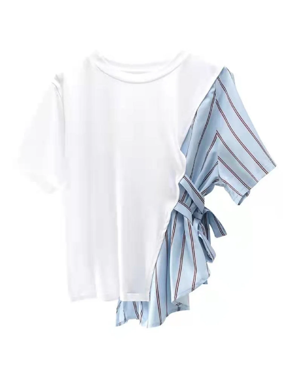 

Color Block Stitching Striped Waist T-Shirt Summer Korean Ins Design Niche TopsZaraing Blusas 2021