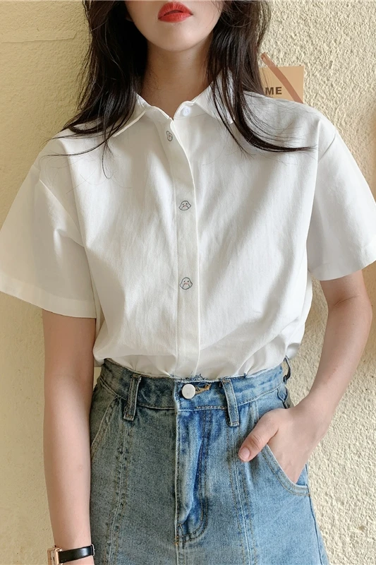 

2021 summer new design small size fat mm short sleeve white shirt women's loose Polo solid color shirt