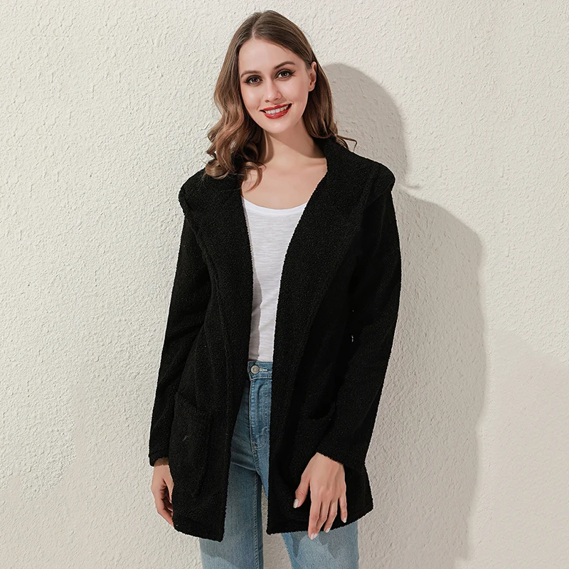 2020 Женские флисовые толстовки с капюшоном на молнии однотонные карманами пальто