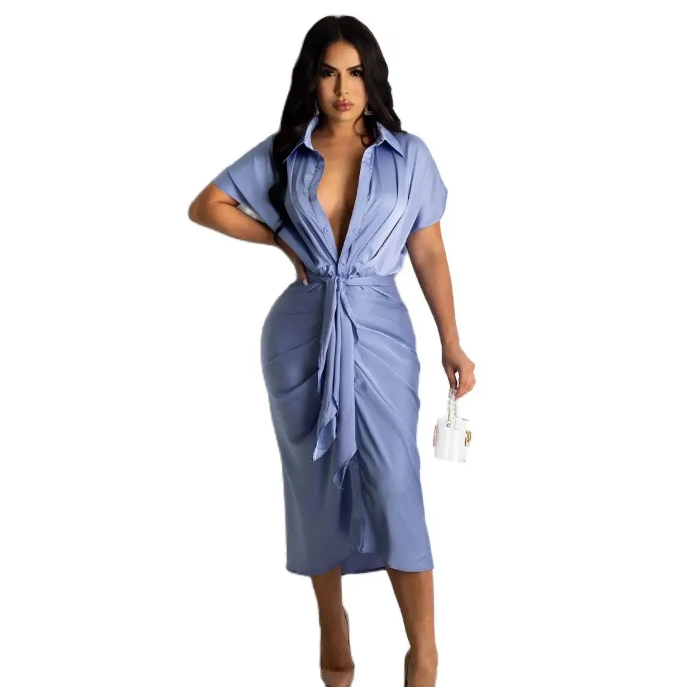 

Женское платье-рубашка на пуговицах, длинная офисная блузка с поясом, Новинка лета 2021