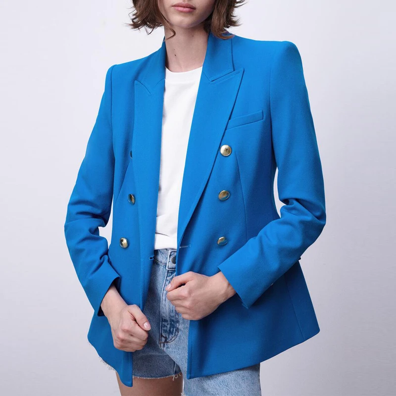 New Spring Autumn Vintage Navy Blue Blazer Coat Women Fashion Pockets Solid Office Suit Jacket Ladies Chic Slim Outwear Tops