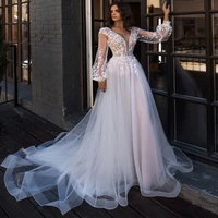boho wedding dress puff long sleeves a line appliques floor length bride dress custom made princess wedding gown
