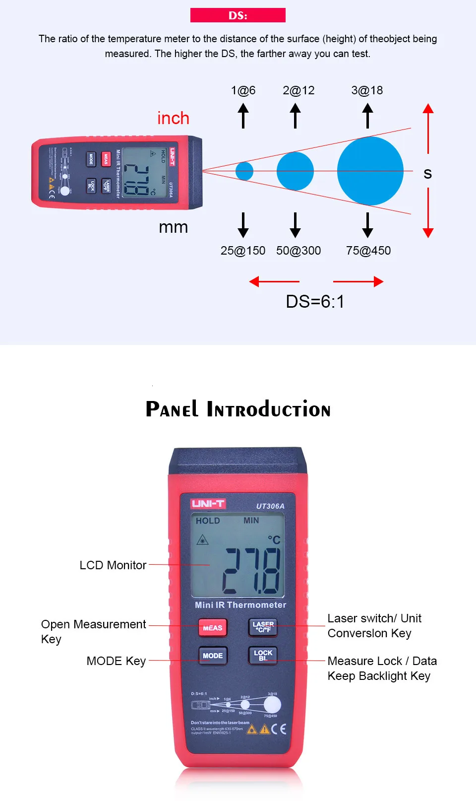 UNI-T UT306A Мини Инфракрасный термометр-35~ 300C-31~ 572F цифровой ИК-тестер температуры с удержанием данных и ЖК-дисплей с подсветкой