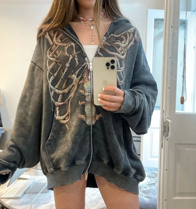 

Женская толстовка с капюшоном y2k, Повседневный свитер с принтом скелета, кардиган на молнии с длинными рукавами и карманами, мужские свитшот...