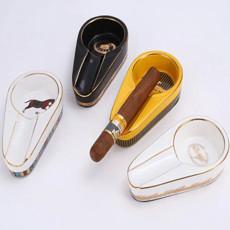 

1Pcs Ceramic Cigar Ashtray Portable Smoking Accessories with Single Cigar Ash Trough For Office and Home Smokers Cigarette Case