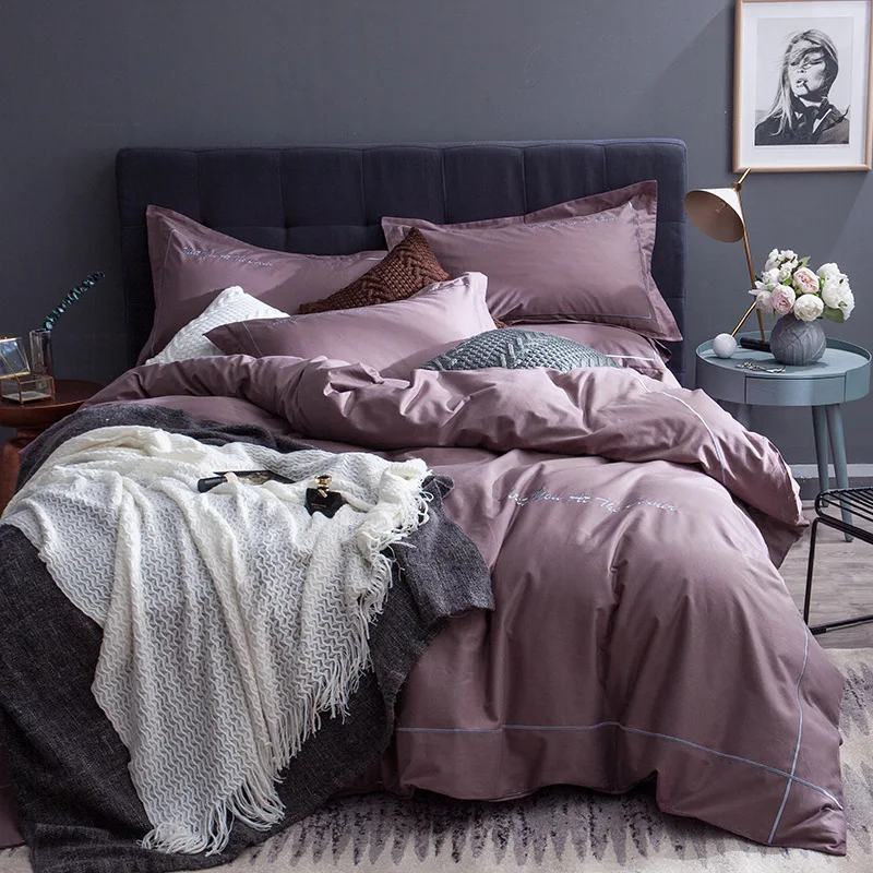 

Комплект постельного белья denisroom из 100% хлопка, фиолетовый цвет, шелковое постельное белье, простыня, пододеяльник, 4 шт., размер KING, QUEEN LK14 *
