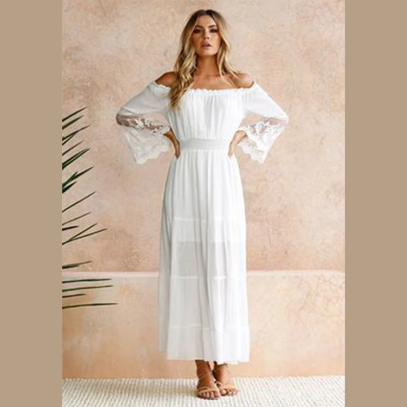 

za Vestido woman 202021 summer sexy one-line collar lace stitching flared sleeve dress essential vetement femme trf robe