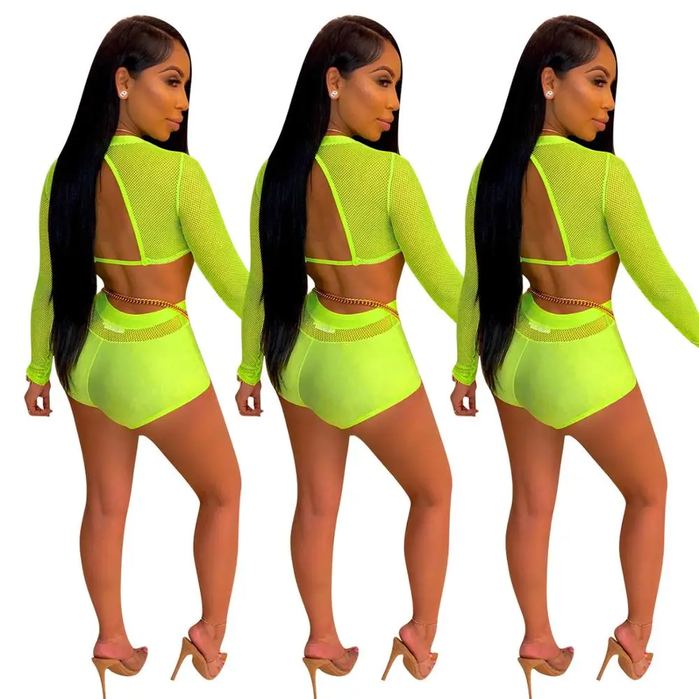 

Sexy Fluorescent Sheer Mesh Two Piece Set O Neck Long Sleeve Hollow Out Crop Top Skinny Shorts Beachwear Club