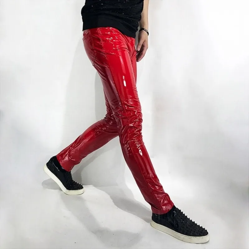 

Hot Sexy Red Tight Stretch Mens Mirror PU Leather Gothic Fashion Full Length Nightclub Wear Male Pencil Pants Plus Size