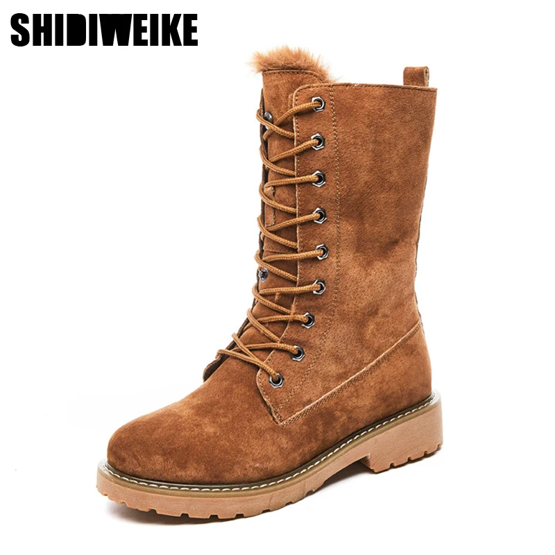 Женские сапоги до середины икры теплые из натуральной кожи на меху шнуровке в
