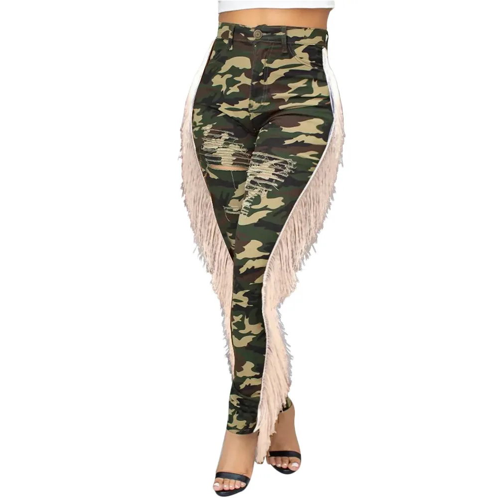 Hot new popular women long pants side ripped tassel sexy trousers camouflage print high waist LS3680 |