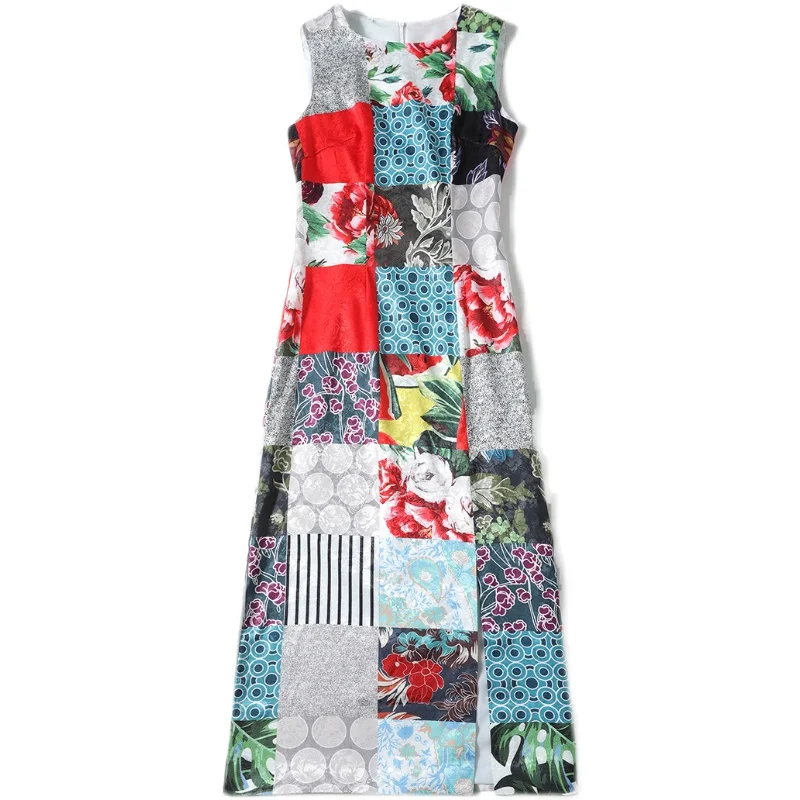 

Simgent Sleeveless Slit Dress Women Summer Print Runway Beach Dresses Woman Clothing New Fashion 2021 Vestidos SG15291