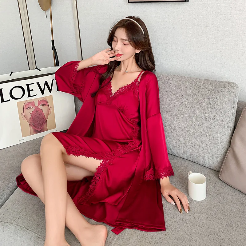 

Women 2PCS Kimono Robe Sets Sexy Lace Strap Top Nightgown Bathrobe Bride Dressing Gown Sleepwear Rayon Nightwear Summer Homewear