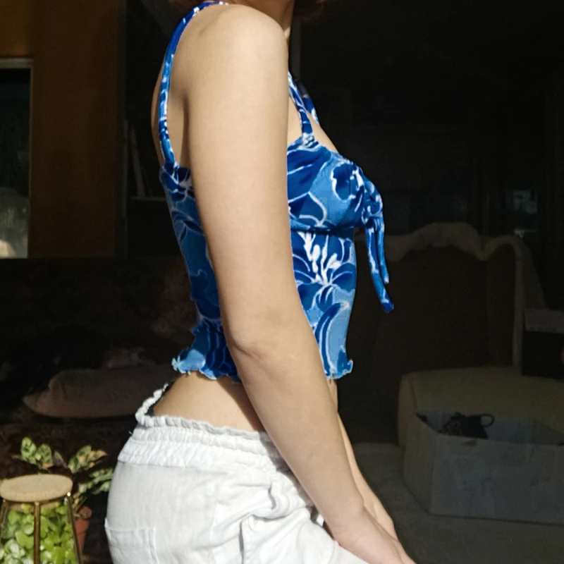 

Floral Printed Tie Up Crop Tank Tops Women Fashon 2021Summer Chic Backless Sleeveless Spaghetti Strap Camis Shirt Tee Corset