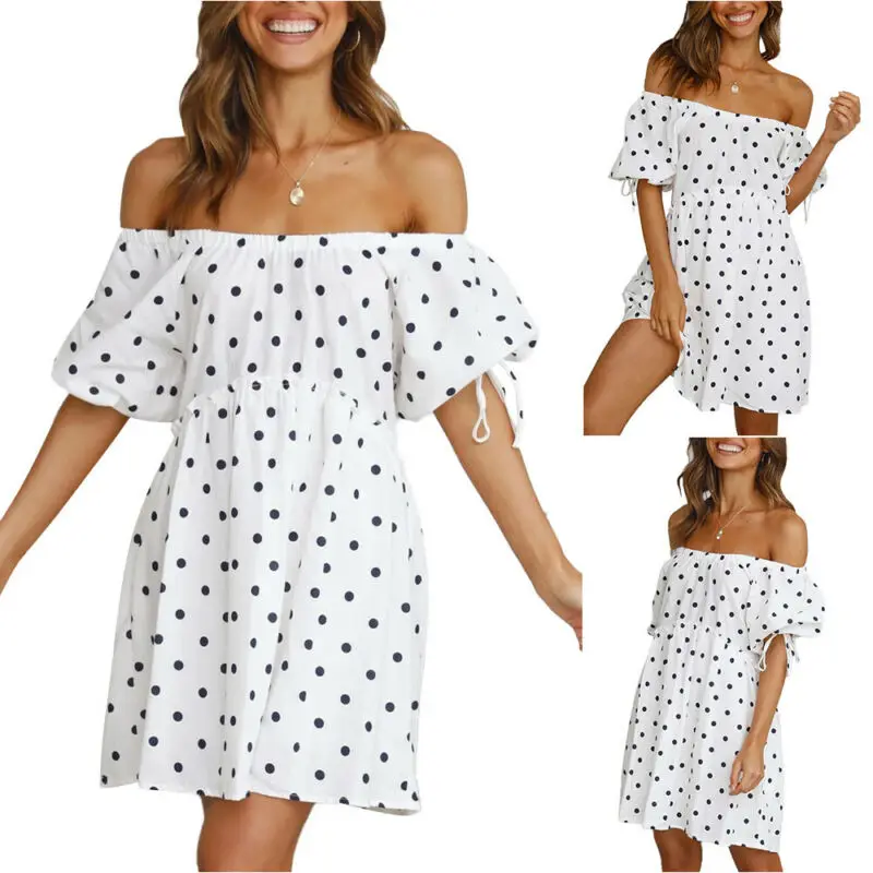 

Womens Off Shoulder Short Sleeve Dot Print Dress Casual Midi Dress Beach Summer