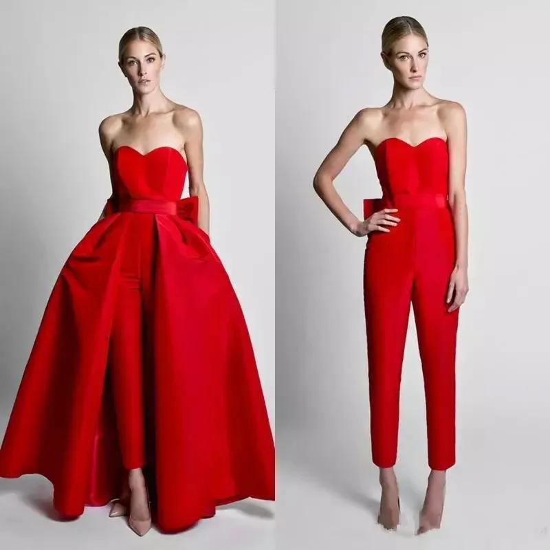 Red Jumpsuit Evening Dresses With Detachable Skirt 2022 Sweetheart Formal Pants Suit Prom Party Gown With Bow Sleeveless