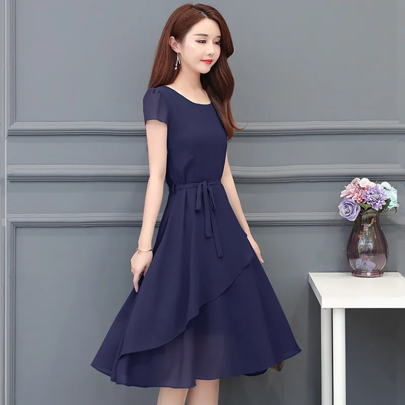 

M-4XL Woman Chiffon Dress Summer 2021 New Fashion Short-sleeve Ruffles Lacing Sashes Loose Mid Dress Female