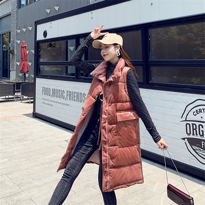 Зимний Золотой бархатный Длинный жилет Женский Повседневный теплый осенний с