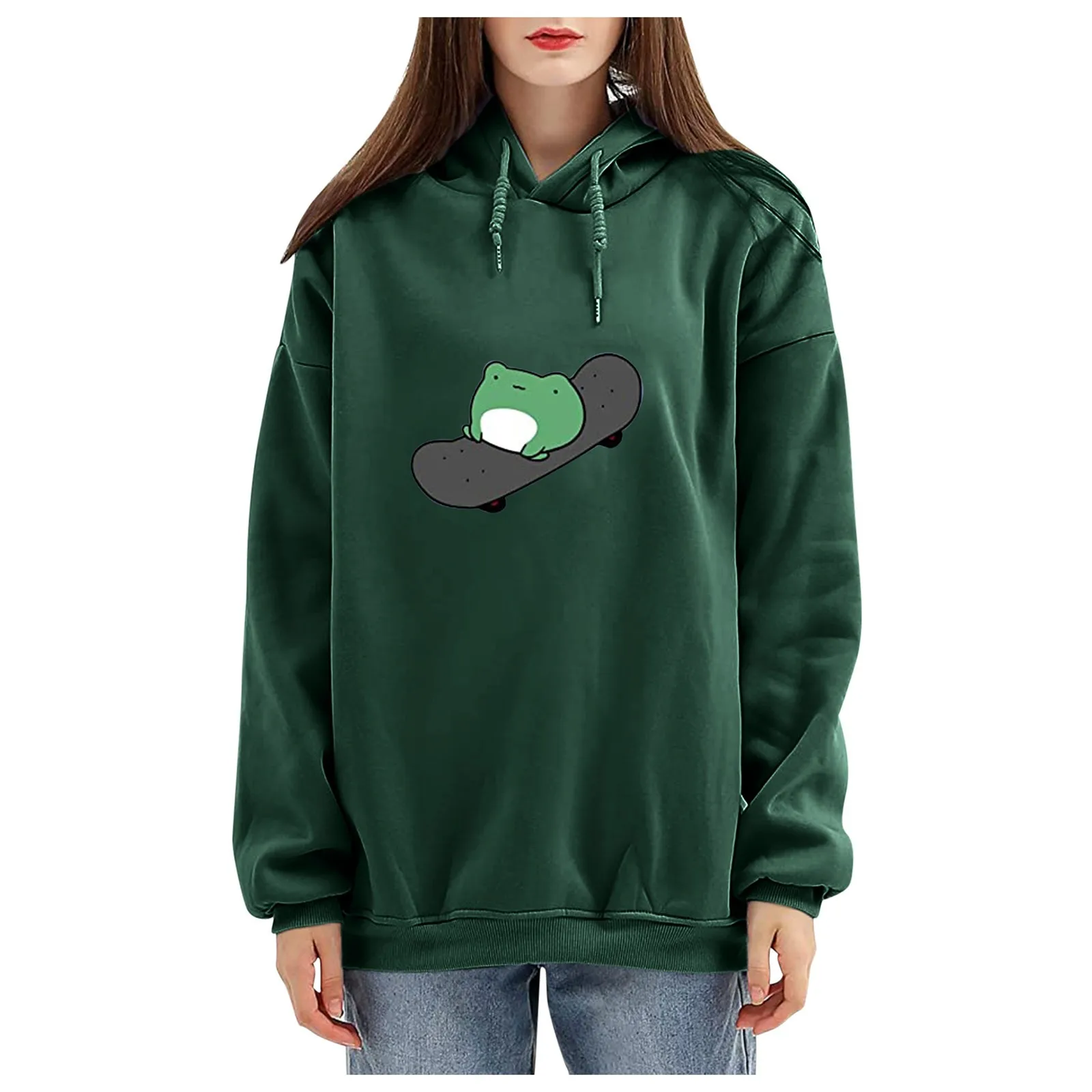 

WinWinter Skateboard Frog Oversized Sweatshirt Men and Women's Hoodies Harajuku Warm Pullover Drawstring Pink Womens Korean Styl