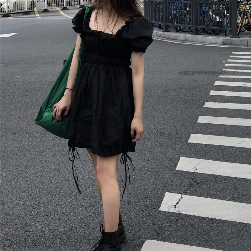 

Hzirip Korean Black Drawstring Lace Square Collar Bubble Sleeve Dress Female All-Match Summer 2020 Chic Fashion casual New Dress
