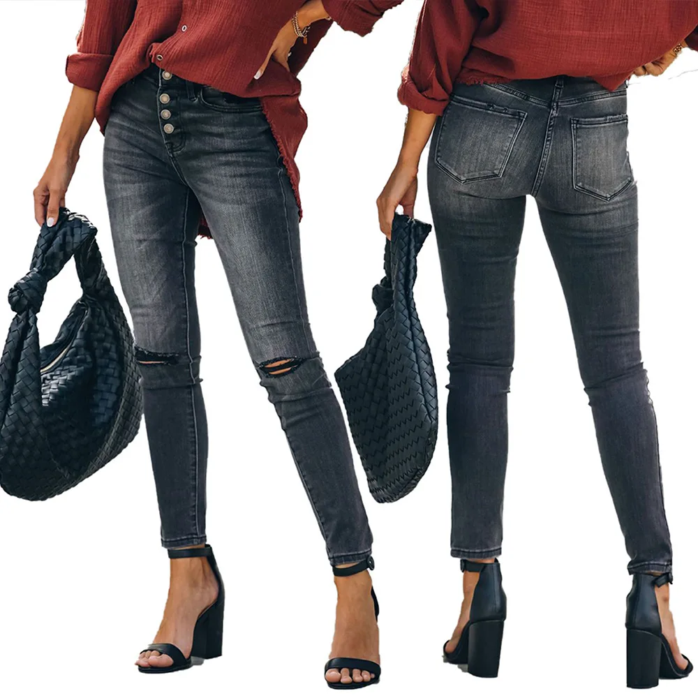 

Women Spring Summer Retro Ripped Hole Denim Jeans High Waist Button Stretch Pencil Pants