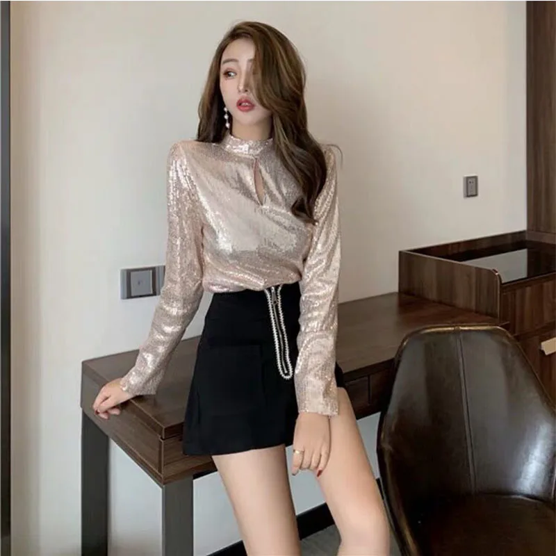 Шикарные женские блестящие Футболки с длинным рукавом топы Клубные рубашки топ