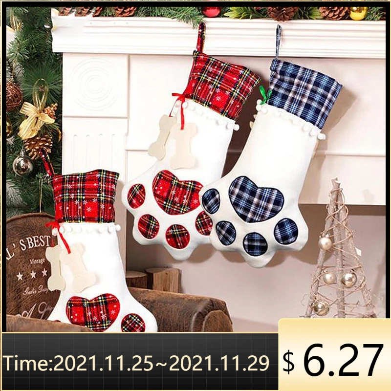

10Pcs 46x28cm Large Pet Christmas Stockings Red Blue Plaid Paw Stocking Christmas Tree Ornaments for Dog Cat Kids Candy Gift Bag