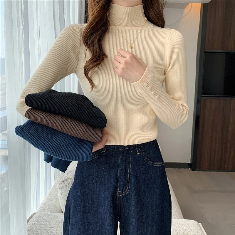 

Autumn New Fashion Women Long Sleeve Basic Knit Sweater French Half High Collar Sweater Ladies Winter Clothes