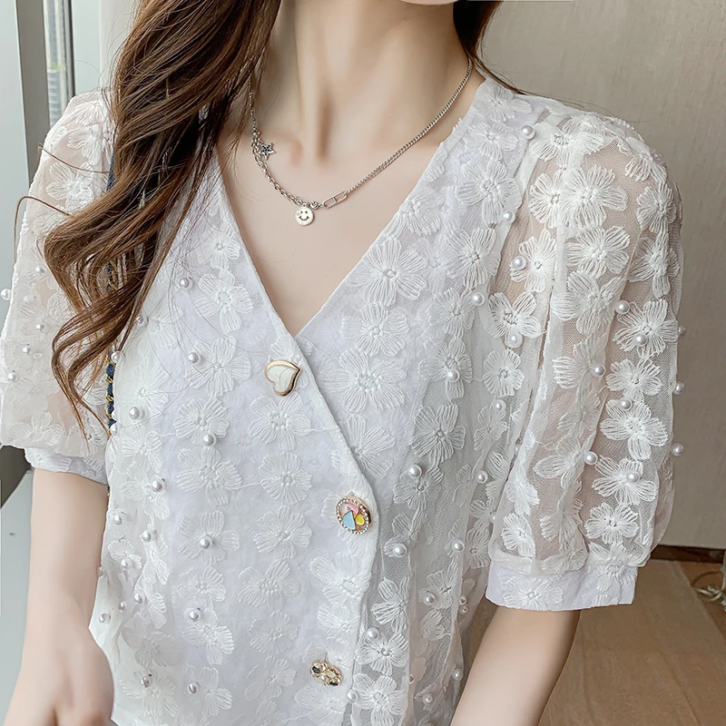 Женская кружевная рубашка с вышивкой QOERLIN свободная повседневная однобортная