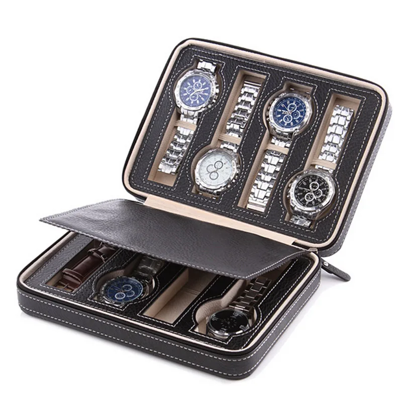 New  Arrival  8 Grids Leather Watch Box Luxury Zipper style for travelling storage Jewelry Watch Collector Cases Organizer Box
