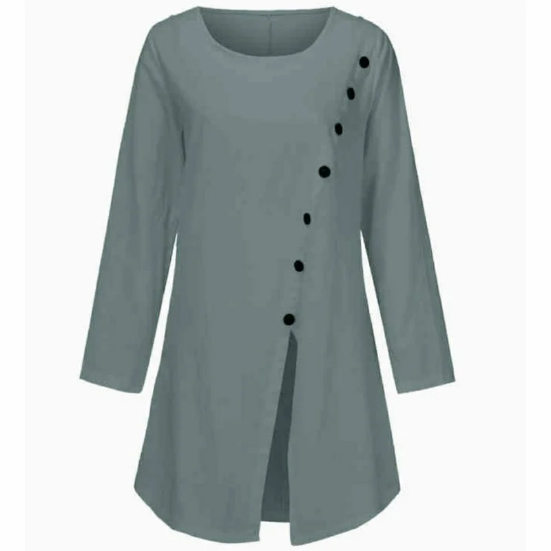

Fashion Multi-Button Asymmetrical Long Tops Women O-Neck Solid Colors Split Long T-shirts Spring Autumn Plus Size Casual Tunic