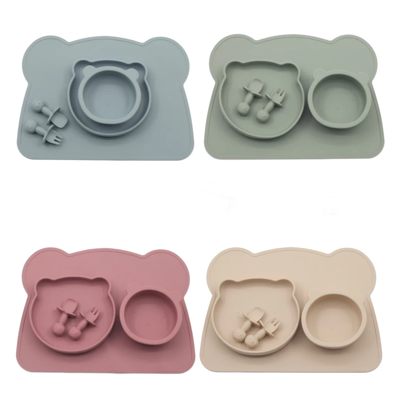 

5 Pcs Baby Silicone Dinner Plate Bowl Spoon Fork Placemat Set Training Feeding Food Utensil Dishes Tableware Kit for Newborn