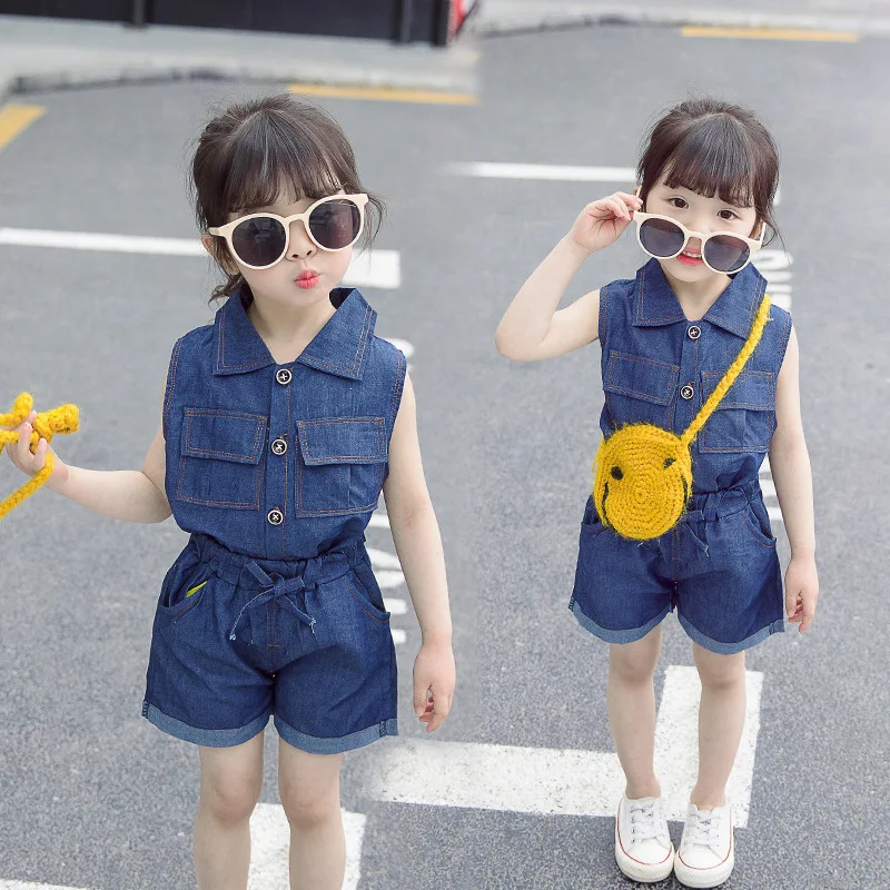 

2021Summer CowboY New Children's Clothes Suit Casual Lapel Sleeveless Top With Shorts Cute Denim Two-piece Baby Girl