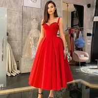 2021 on sale charming red sleeveless prom party dresses sweetheart with straps appliqued wedding guest gowns tea length pleated