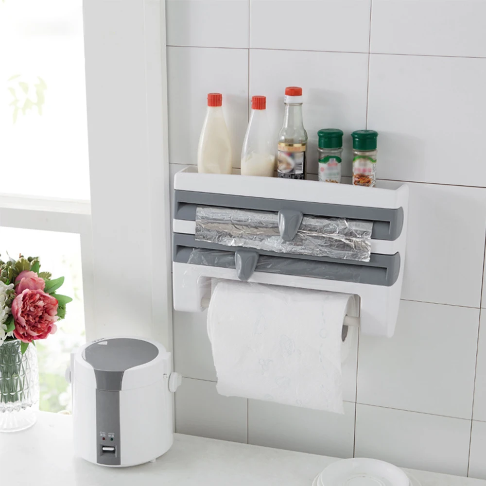 

Kitchen Film Cling Wall-Mount Paper Towel Holder Kitchen Organizer 4 In 1 Cling Film Cutting Holder Towel Rack Organizador