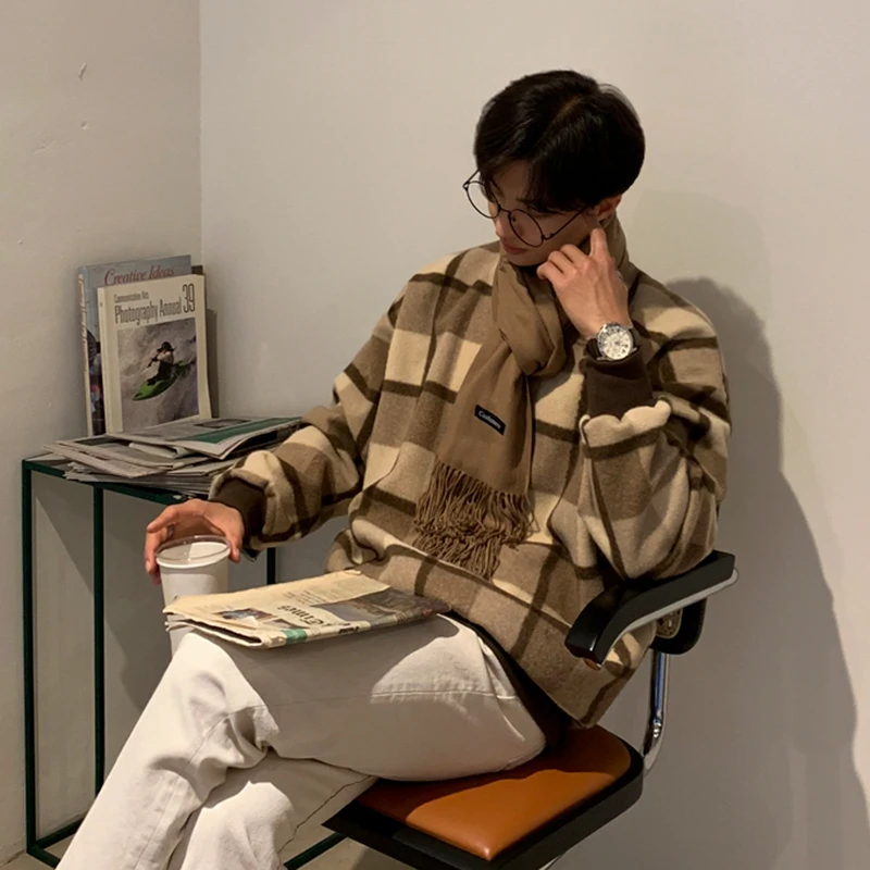 

Корейская версия плюшевая в клетку свитер Мужская свободная трендовая рубашка с круглым вырезом трендовая дикая Толстая зимняя куртка