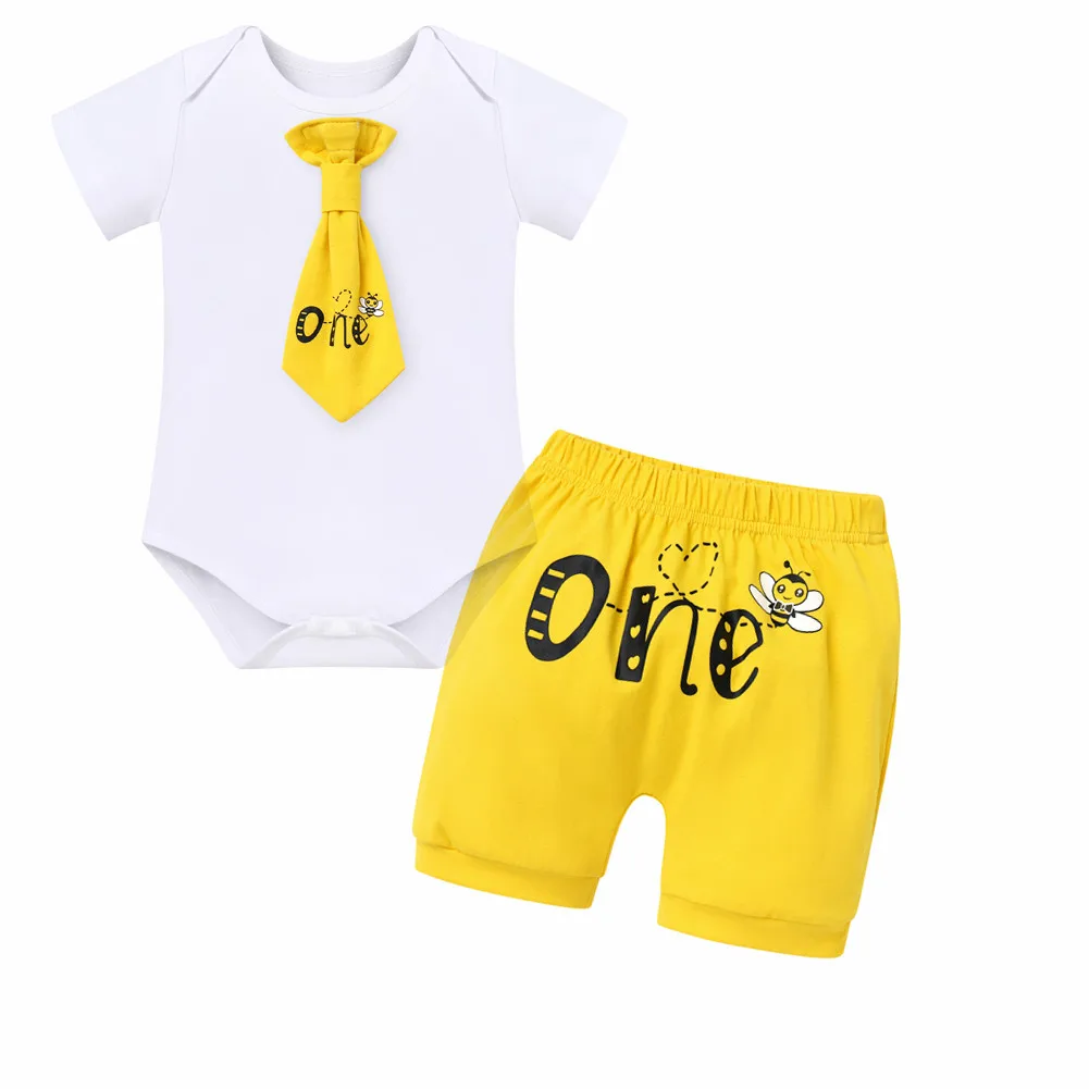 6-18M Baby Boy Clothes Short Sleeve Romper Bodysuit + Shorts Birthday 2pcs Outfits Number And Letter Print Bow Tie - купить по