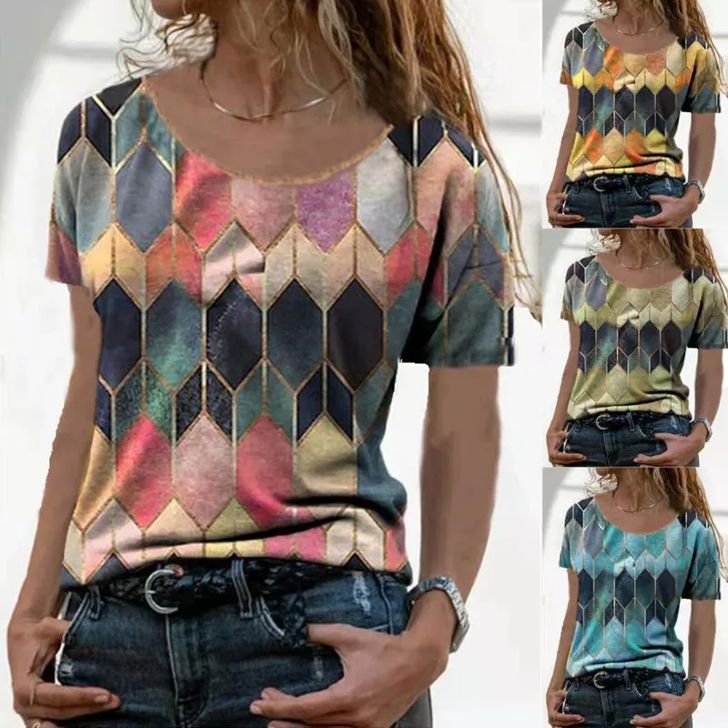 

2021 Summer New Fashion Retro Women's Tee Shirt Casual O Neck Short Sleeve Loose Print Large Size Lady Tee Shirt Basic