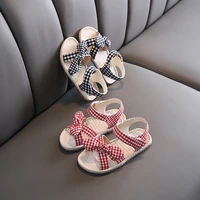 2021 summer new childrens plaid girls sandals bow princess shoes pastoral style and western style soft soled beach shoes