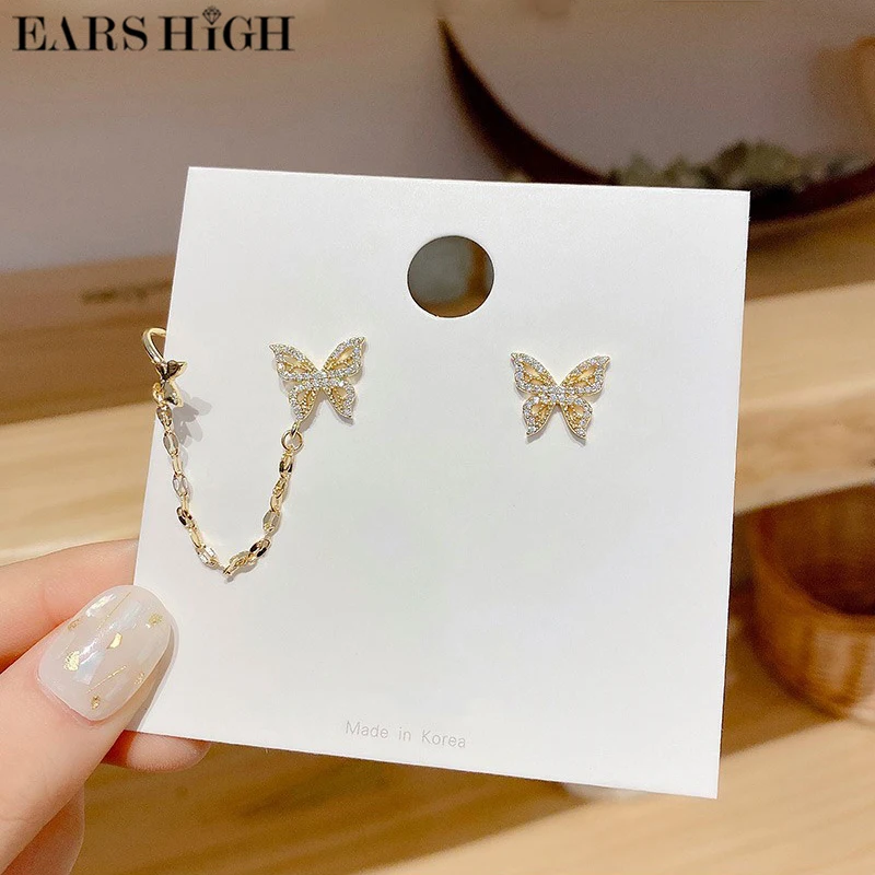 

EARS HIGH 2021 Korean Cute Zircon Butterfly Stud Earrings For Women Girls Fashion Link Chain Pendientes Jewelry Gifts
