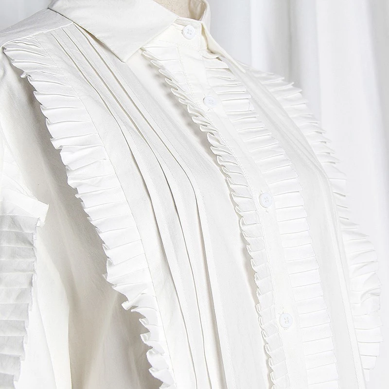 [EAM] Женская белая плиссированная Асимметричная блузка большого размера новая